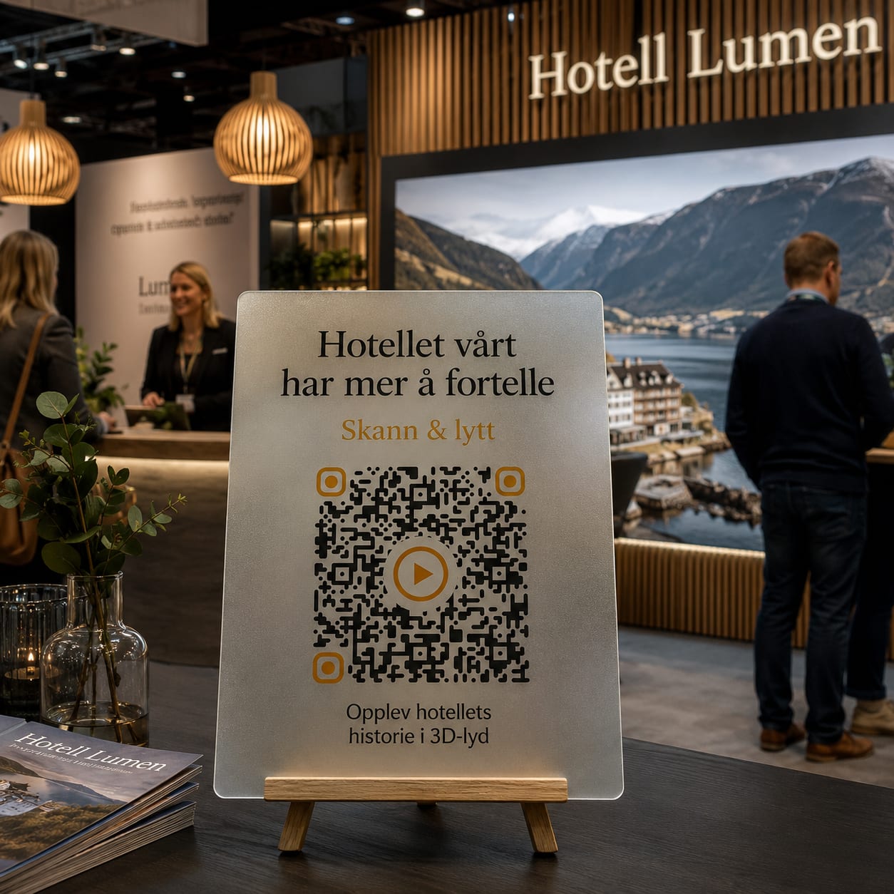 QR code sign at a hotel reception inviting guests to hear the hotel's story in 3D audio