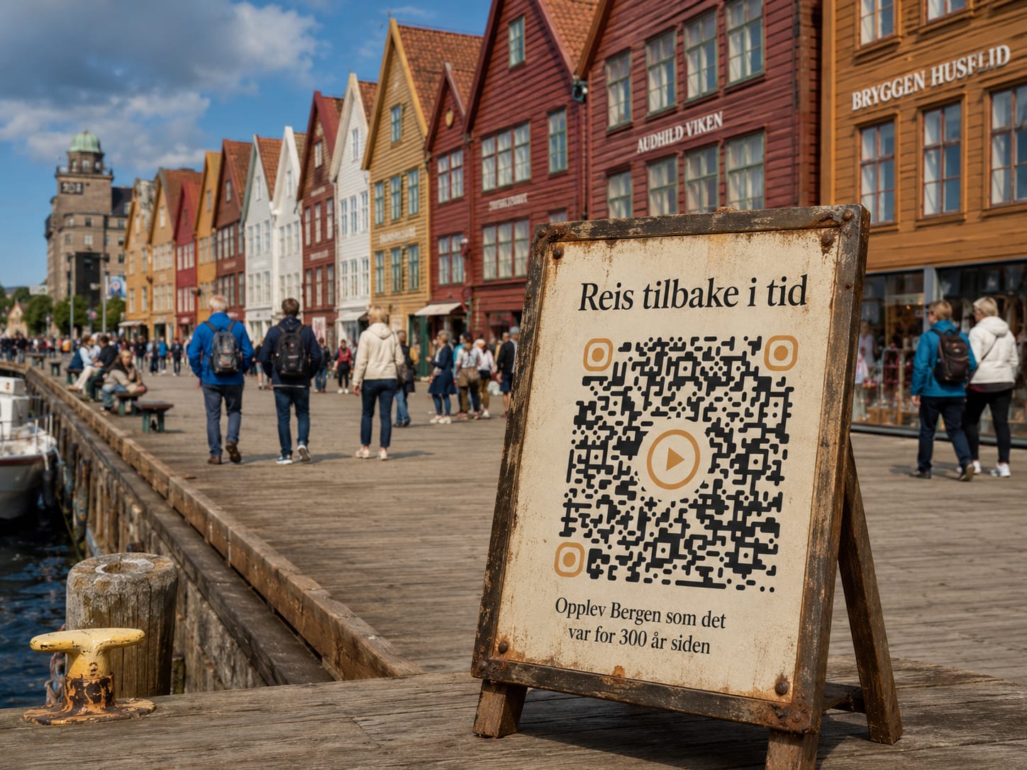 QR code sign at Bergen's Bryggen wharf inviting visitors to hear how the city looked 300 years ago