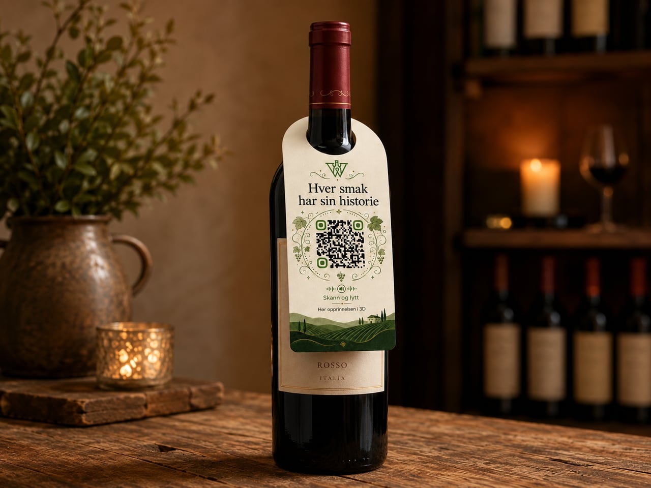 Wine bottle with a QR hangtag inviting you to hear the wine's story in 3D audio